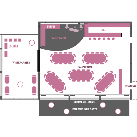 Tanzfläche zuerst Buffetbereich, Wintergarten mit Loungarea